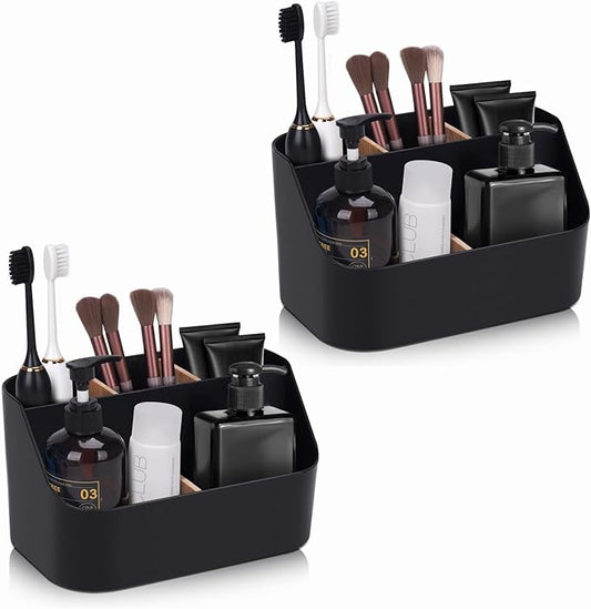 Set of 2Toothbrush Holder for Bathrooms,Bathroom Organizer Countertop,5Slot Electric Toothbrush Toothpaste Holder Razor Lotion Stand Caddy,Large Capacity Vanity Office Corner Accessories Storage Black