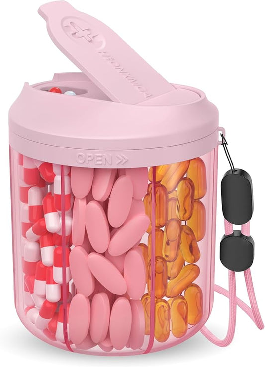 Pill Dispenser with 7 Large Compartments, 4.4" H x 3.6" Dia Pill Organizer for Travel, Supplement Organizer with Anti-Mixing Design, BPA-Free Pill Container with 20 Pcs Labels, Pink