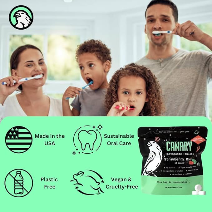 Canary Nano Hydroxyapatite Toothpaste Tablets Strawberry Kiwi - Remineralizing, Fluoride Free, All Natural Tabs with Xylitol - Great for Kids, Plastic Free - 189 Count