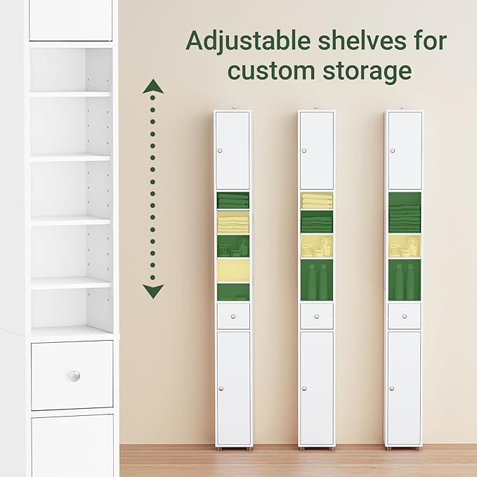 SoBuy Bathroom Narrow Storage Cabinet, Skinny Tall Unit with Adjustable Shelves Slender, Bathroom Organizers and Storage, Anti-Tipping Floor Standing Cupboard Laundry Room, White BZR34-W
