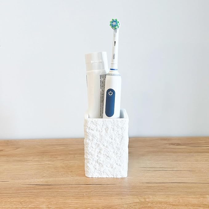 White Stone-Look Toothbrush Holder for Bathroom, Natural Rough Stone Textured, Unbreakable Heavy Bathroom Cup, Vanity Countertop Organizer for Makeup Brushes