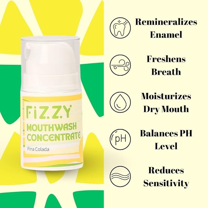 Fizzy Mouthwash Concentrate | Remineralizing Enamel Repair, Nano Hydroxyapatite | 20X Concentrated Travel Size | No Fluoride, Alcohol, Dye | Xylitol, Dry Mouth | Kids & Adults | Pina Colada