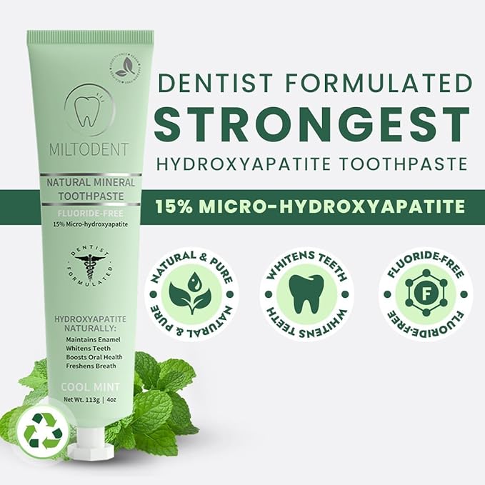 MILTODENT Premium Hydroxyapatite Toothpaste –15% Micro-Hydroxyapatite | Fluoride-Free, Best Taste, Foam-Free, Natural Mineralizing| Safe Alternative to Nano-Hydroxyapatite | SLS-Free & Natural - 2Pack