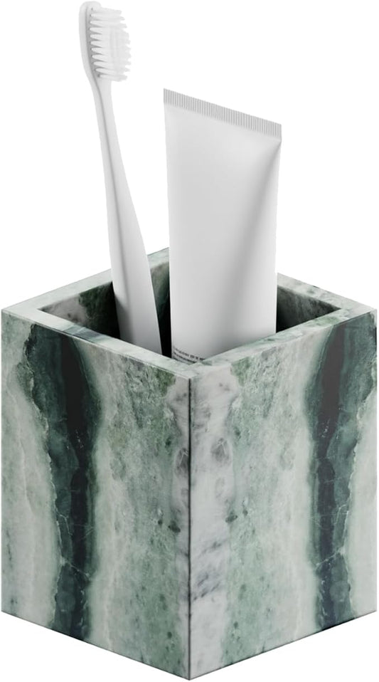Marble Toothbrush Holder – 4.1" Genuine Stone Bathroom Cup for Makeup Brushes, Pens & Utensils | Natural Marble Organizer for Vanity, Countertop & Home Décor (Victoria Green)