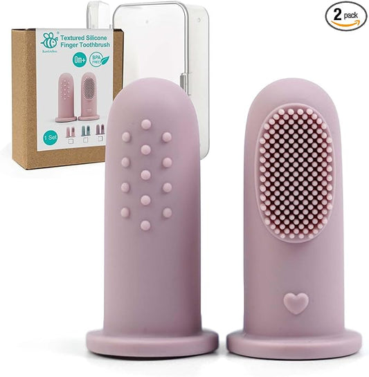 BumbleBee Silicone Baby Finger Toothbrush, Oral Cleaning & Teething Brush for Infants & Toddlers, 0 Months+, 2 Count with Travel Storage Case - Purple