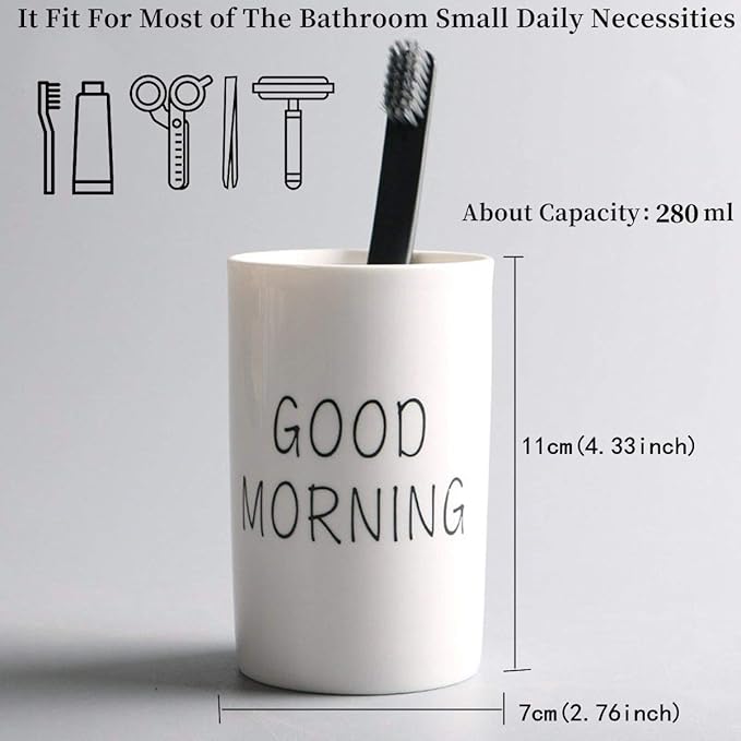 Kelake White Ceramic Tumbler for Bathroom Toothbrush, Water, Milk, Drinks - 280 ml Good Morning Cup for Couples - Christmas Birthday