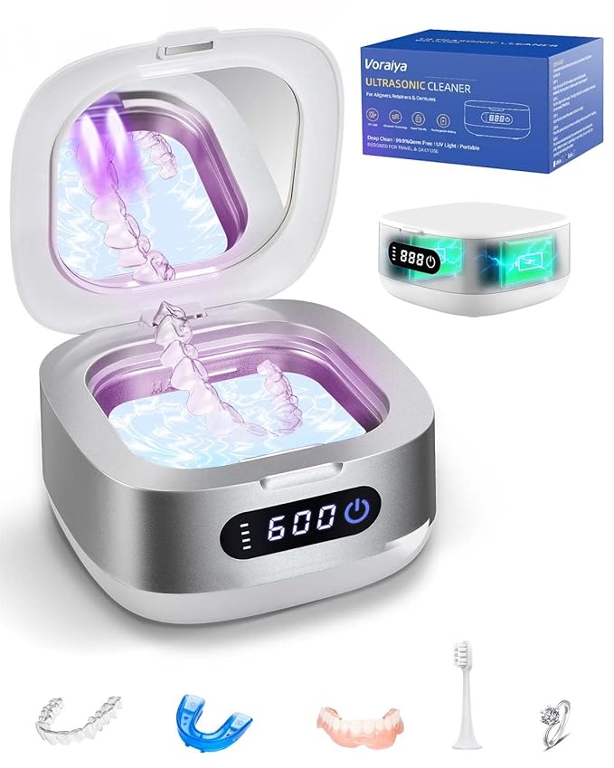 Voraiya Portable Ultrasonic Retainer Cleaner 4000mAh Rechargeable Retainer Cleaner Machine For Mouth Guard,Night Guard,Aligner,IPX6 Waterproof Small Denture Cleaning Pod For Teenagers,Adults,Traveling