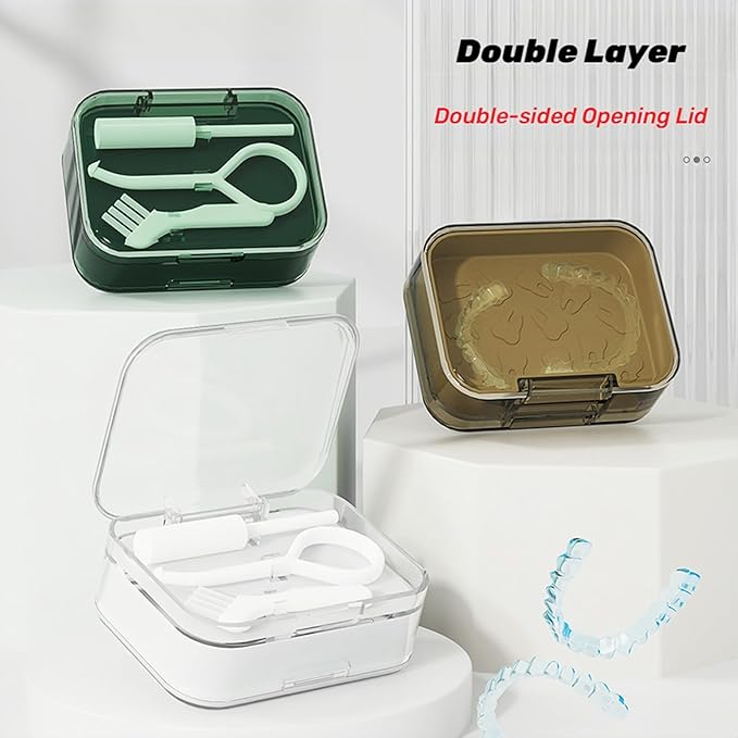Retainer and Aligner Case - Double Layer with Double Sided Opening Lid, Mouthguard & Night Guard Storage Cleaning Case, with Removal Tool, Brush and Chewer (Green)
