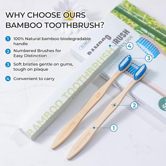 Bamboo Toothbrushes 10 Count, BPA-Free, Soft Plant-Based Tapered Bristles, Natural Wooden Toothbrush for Adults, Biodegradable Compostable Travel Tooth Brushes