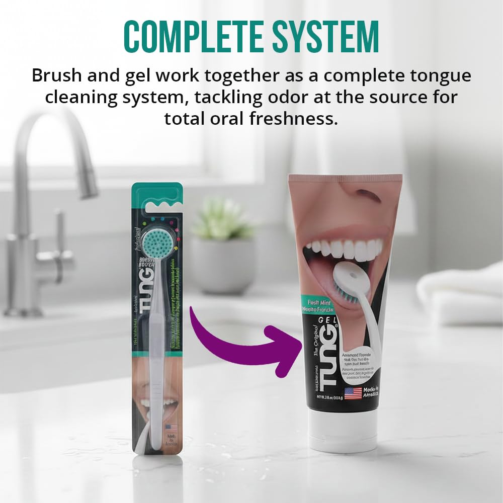 Tung Tongue Cleaning Kit, Tung Brush and Gel, Bad Breath Odor Eliminator, Halitosis Defense, USA Made (Set of 1)