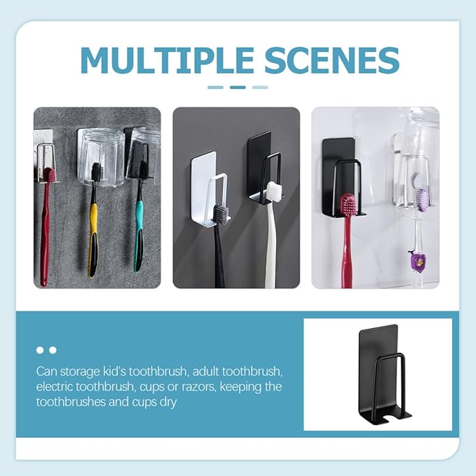 Stainless Toothbrush Rack Wall Adhesive Holder with Cup Black 2pcs Hanging Bathroom Organizer for Electric and Manual Toothbrushes