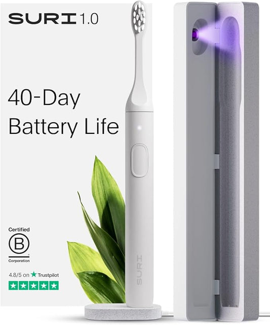 SURI 1.0 Sonic Electric Toothbrush with UV Cleaning Travel Case | 1 Month+ Battery | Designed in California | Electric Toothbrush for Adults | Travel Toothbrushes | Tooth Brush | White