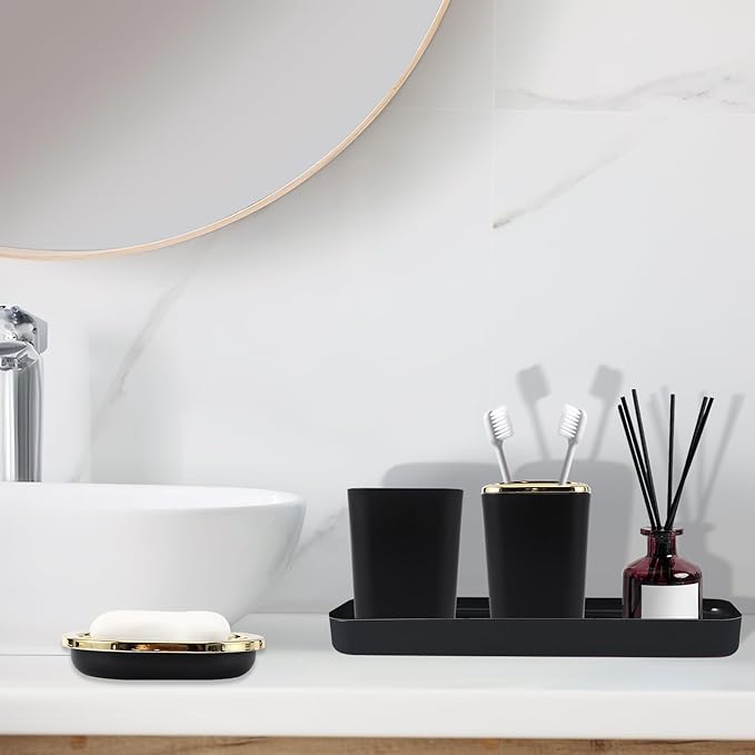 Bathroom Accessories Set - Black Bathroom Set, 9PC Bathroom Accessory Set with Trash Can, Toilet Brush, Qtip Holder Dispenser & Soap