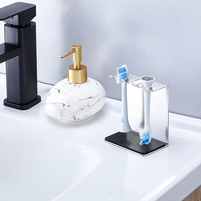 Toothbrush Head Holders Tabletop or Wall Mounted Electric Tooth Brush Heads Holder Stand with Removable Drip Pad, Tooth Brush Holder for Bathroom Shower, Electric Toothbrush Holders, Silver
