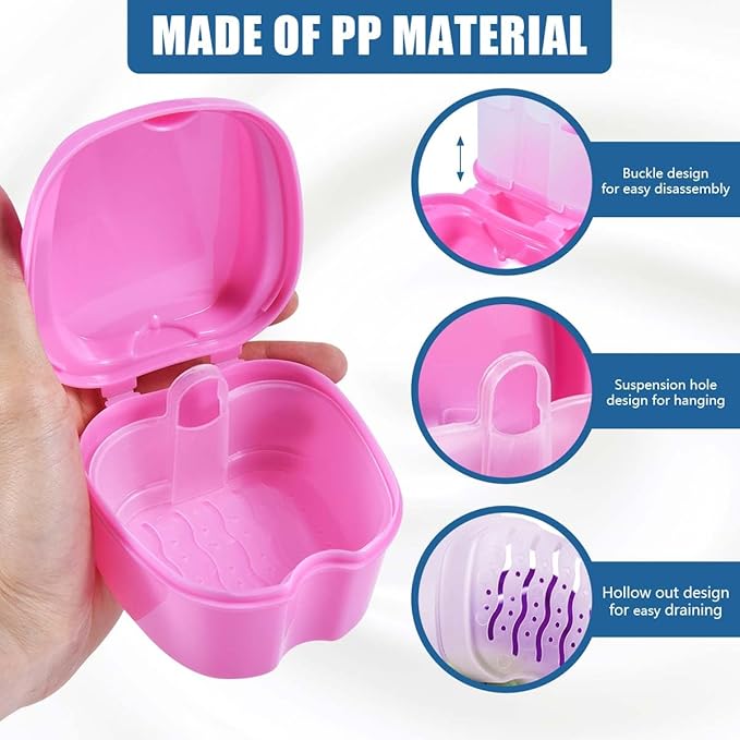 2 Pack Denture Bath Case Cup Box Holder Storage Container with Denture Cleaner Brush Strainer Basket for Travel Cleaning (Pink and Purple)