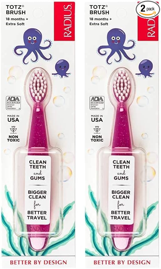 RADIUS Totz Toothbrush Extra Soft Brush BPA Free & ADA Accepted Designed for Delicate Teeth & Gums for Children 18 Months & Up - Pink Sparkle - Pack of 2