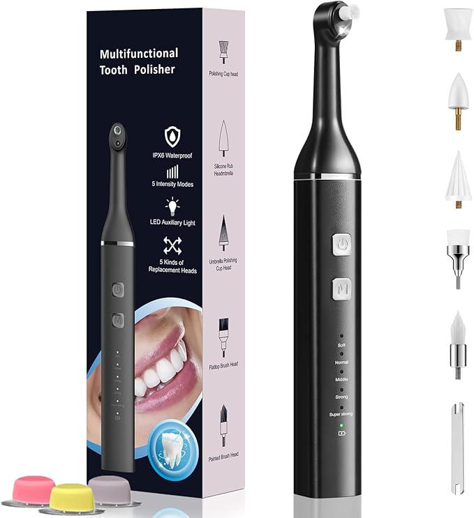 Tooth Polisher, Teeth Cleaning Kit with 5 Brush Heads, 3 Tooth Polish Paste, LED Light, IPX6, 5 Speed Modes, Rechargeable Professional Tooth Polishing Kit for Teeth Cleaning