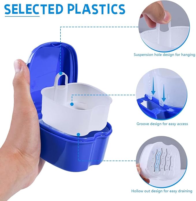White Denture Bath Case Cup Box Holder Storage Soak Container with Strainer Basket for Travel Cleaning