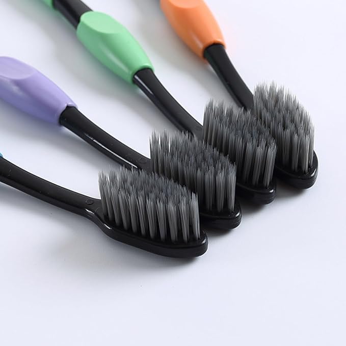 10Pcs Charcoal Toothbrush with Extra Gentle Thin Bristles for Gentle Plaque Removal Oral Care Brushes with Comfortable Non-Slip Handles Mixed Colors for Family Bathroom Use