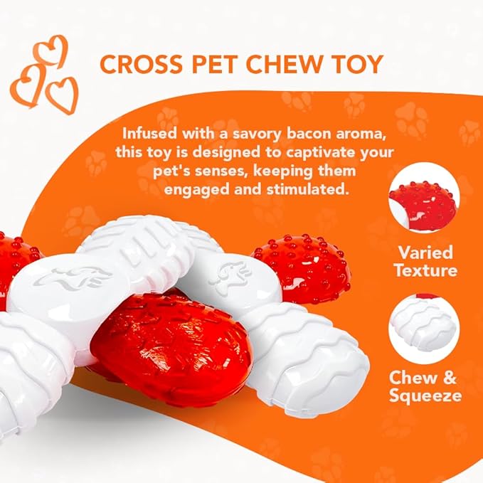 Cross Chew Toy for Dogs, Bacon Scented Tough Dog Toys, Long-Lasting and Durable Teething Toys, Chew and Squeeze Odor Stimulating Dog Chew Toys