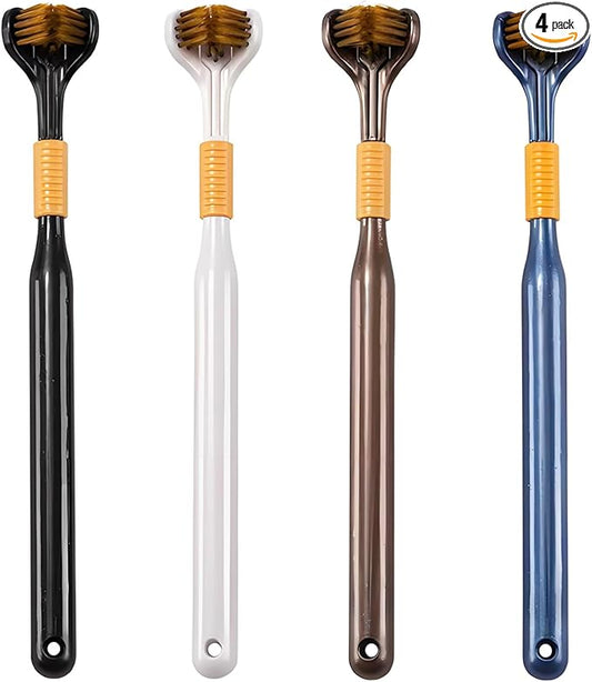 4-Piece Set of 3-Sided Medium toothbrushes for Adults, Soft Bristle Toothbrush for Comprehensive Care of Teeth and Gums, Suitable for Adult and Youth (Black, White, Brown, Blue, Adults)