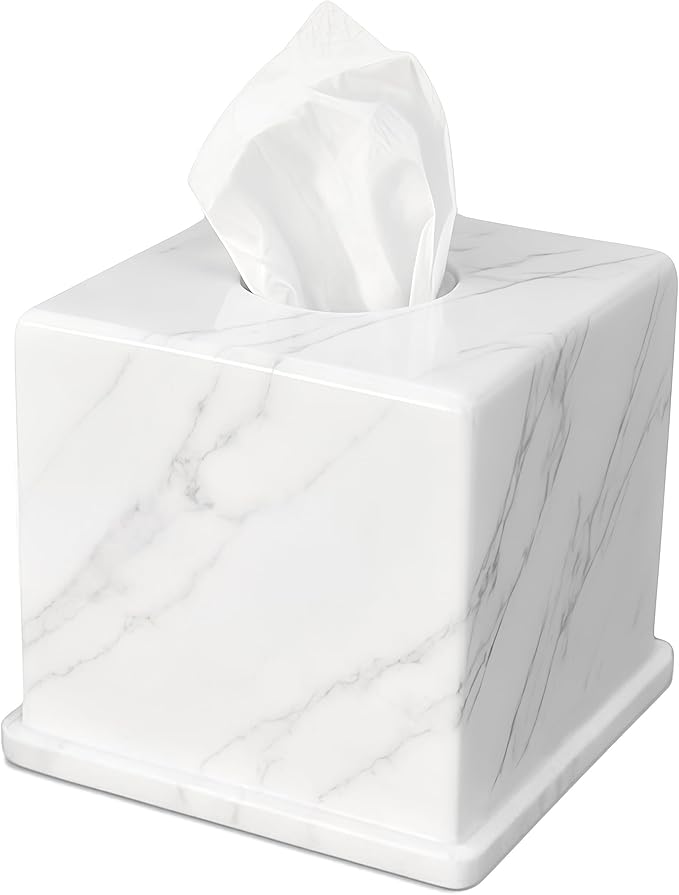 Natural Marble Tissue Box Cover, Volakas White Tissue Organizer 6 x 6 x 5.7 inch, Heavy Stone Decorative Box, Square Tissue Box Holder for Home Decor, Kitchen, Bathroom, Bedroom