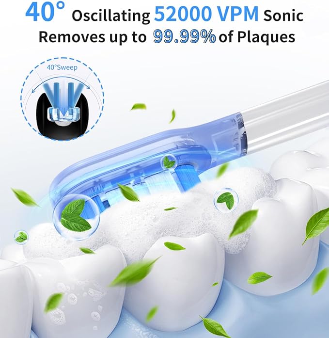 Electric Toothbrush with AI Smart Display, 4 Modes with Missed Spot Detection, Pressure Sensor, 2 Mins Timer, 40° Oscillating 52000 VPM Sonic Toothbrush with Travel Case, 2 Brush Heads, IPX7