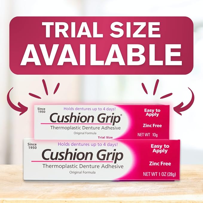Cushion Grip Thermoplastic Denture Adhesive, 0.35 oz (Travel Size) | Refits and Tightens Loose Dentures for Up to 4 Days | Non-Glue, Zinc-Free, Waterproof Formula, Acts Like a Soft Reliner