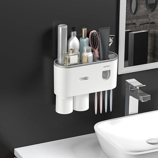 No-Drill Wall Mounted Toothbrush Holder, Bathroom Shelf, with Automatic Toothpaste Dispensers 4 Brush Hooks 2 Magnetic Cups 1 Cosmetic Drawer Organizer and Large Storage (1 Dispenser 2 Cups)