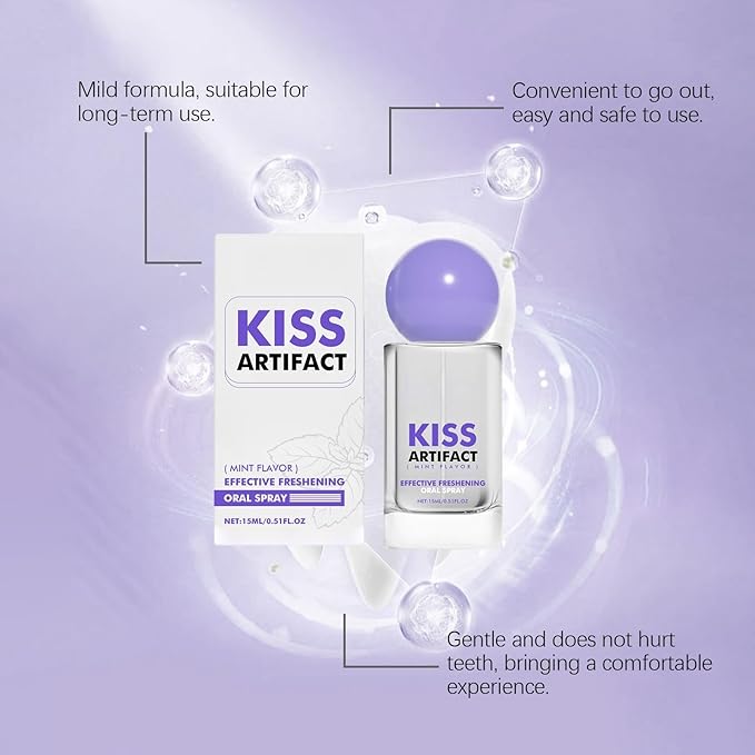 KISS ARTIFACT Mint Flavor Oral Spray, Effective Freshening Breath Spray with Vitamin B1 and Peppermint Extract, 15ml/0.51 fl oz