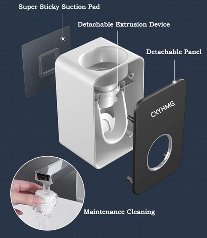 Toothpaste Dispenser, 2 PCS Automatic Toothpaste Squeezer Dispenser for Kids & Family Shower, is Wall Mount Bathroom Accessories with Super Sticky Suction Pad. (Black-Grey)