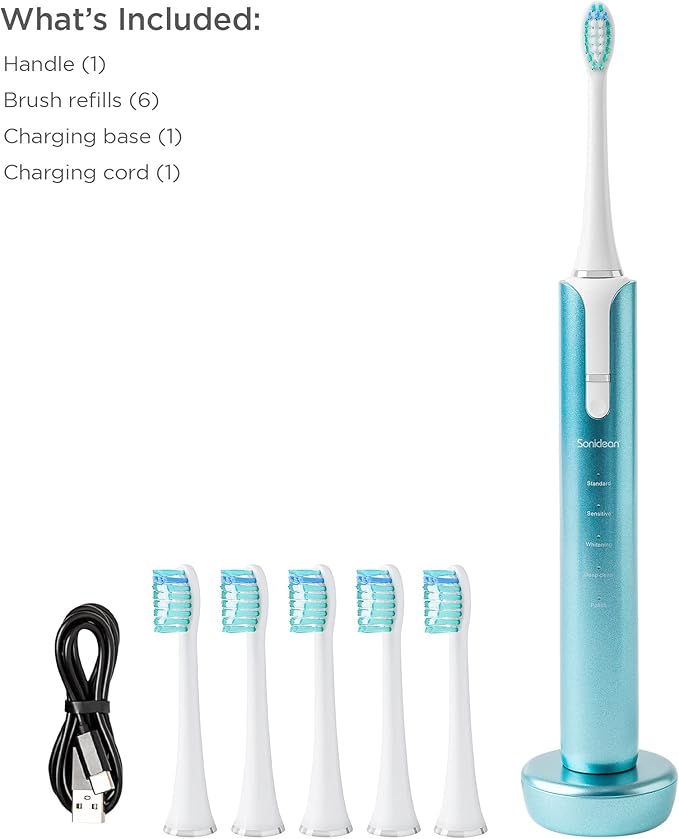 Soniclean Lux Sonic Toothbrush for Adults - 6 Toothbrush Heads, Rechargeable, Automatic, Refills, Aqua