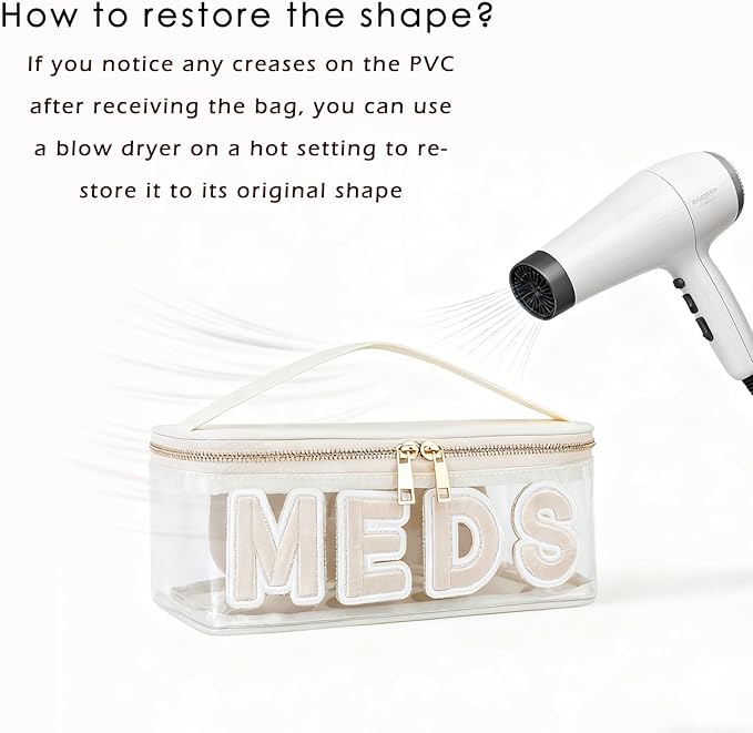 Clear PVC Letter Patch MEDS RX Makeup Bag with Metal Zipper,Large Capacity Nylon Transparent Medicine Bag with Top Handle,First Aid Travel Organizer Cosmetic Bag(03 Beige RX)