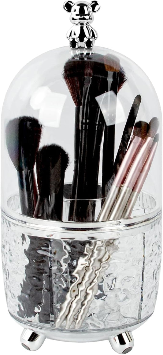 360° Rotating Makeup Brush Organizer with Lid, Dustproof Cosmetic Tools Organizer with Cover, Makeup Brush Holder Organizer for Vanity, Bathroom Countertop, Desktop Dresser