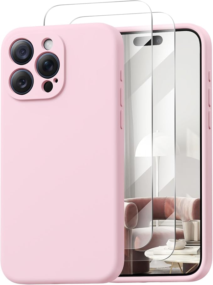 Magnetic for iPhone 15 Pro Case, Compatible with MagSafe, with 9H Nano Screen Protectors, Full Camera Protection, Silicone Shockproof Microfiber Lining Phone Case 6.1", Chalk Pink