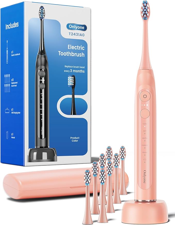 Onlyone Sonic Electric Toothbrush for Adults, Rechargeable Ultrasonic Electric Toothbrush with 8 Brush Heads, Travel Case, Charging Base & Wireless Charging - 5 Modes with Smart Timer