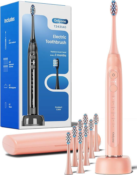 Onlyone Sonic Electric Toothbrush for Adults, Rechargeable Ultrasonic Electric Toothbrush with 8 Brush Heads, Travel Case, Charging Base & Wireless Charging - 5 Modes with Smart Timer