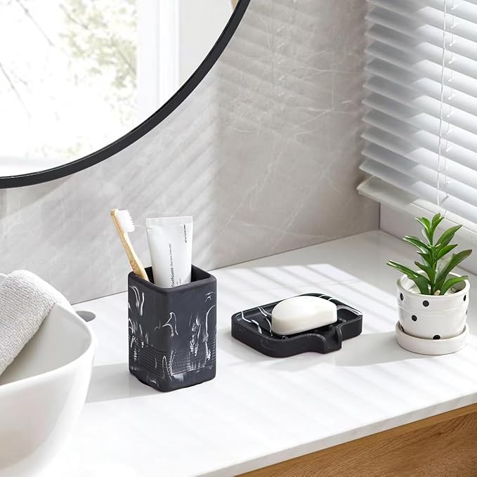 Toothbrush Holder and Soap Dish Set, Resin Toothbrush Cup Bathroom Cup Tumbler Marble Design, Self Draining Bar Soap Holder Shower for Bathroom Holder and Organizer, Black