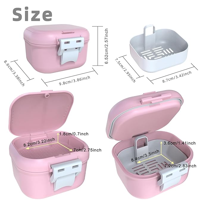 ARGOMAX Leak Proof Denture Bath Cup, Portable Soaking Denture Box, Denture Bath Case with Strainer, for Dentures and Braces, Upgraded Version with Storage Compartment (Pink + White).