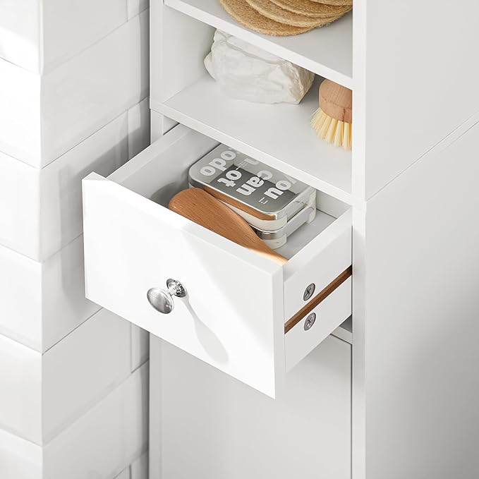 SoBuy Bathroom Narrow Storage Cabinet, Skinny Tall Unit with Adjustable Shelves Slender, Bathroom Organizers and Storage, Anti-Tipping Floor Standing Cupboard Laundry Room, White BZR34-W