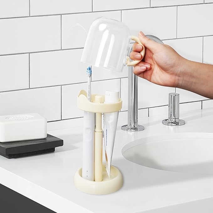 Adjustable Electric Toothbrush Holder with Cup - Height Adjustable Stand Organizer for Bathroom Vanity, Fits Manual & Electric Brushes, Toothpaste Storage (Cream)