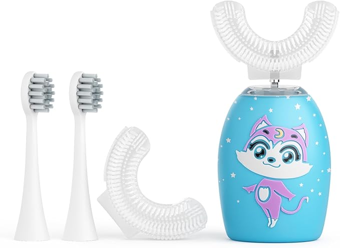 Kids U Shaped Electric Toothbrush with 4 Brush Heads, Rechargeable Toothbrush Kids with 2 Modes, Cartoon Cat 360-Degree Cleaning IPX7 Waterproof Design (Ages 2-12)