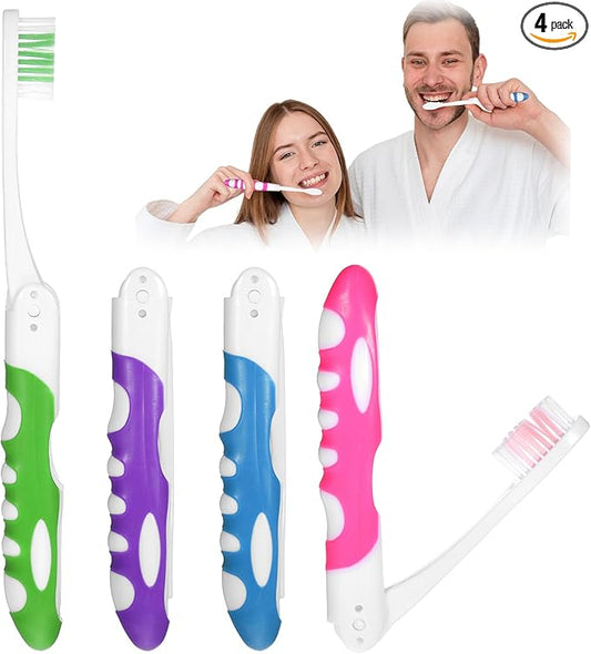 4 Pcs Travel Toothbrushes, Foldable Toothbrush for Adults & Kids, Compact Folding Design with Soft Bristles, Portable for Camping, Hiking & On-The-Go (4 Colors)