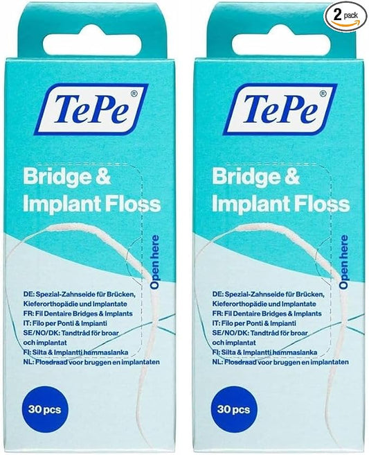 TePe Bridge and Implant Floss for Dental Implants, Bridges, and Braces, Dental Flossers, 30 Pieces (Pack of 2)