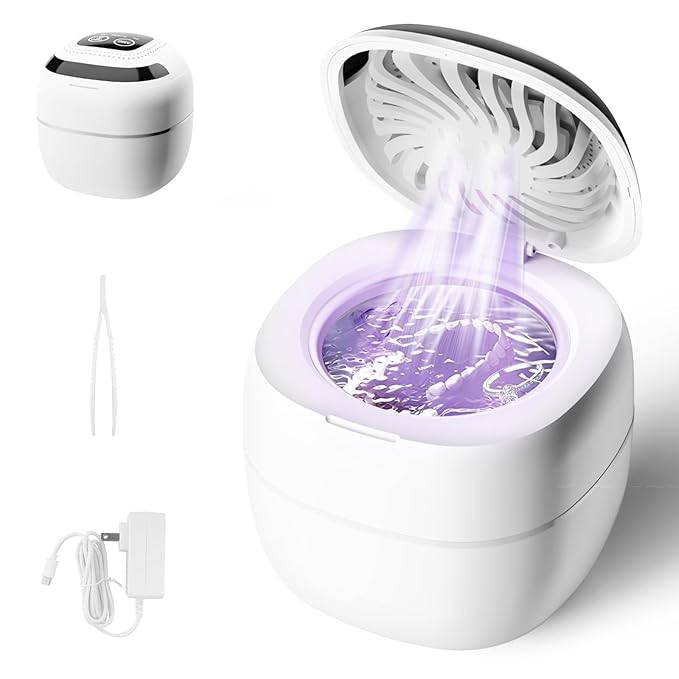 Retainer Cleaner ultrasonic，45kHz 180ml ultrasonic cleaner, cleaning and drying functions with Digital Timer，Retainer Cleaner Machine for Dentures, Mouth Guards, Braces, Jewelry (white)