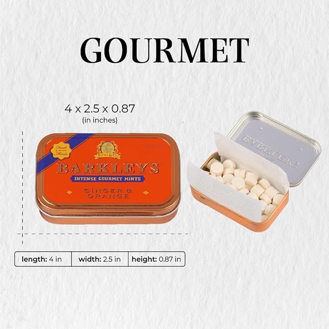 Barkleys Gourmet Ginger & Orange Breath Mints - Strong Ginger & Orange Flavor for Party, After Dinner, Wedding, Vegan Candy Mints In Reusable Classic Travel Tins, 6 Pack - 50 Count Each