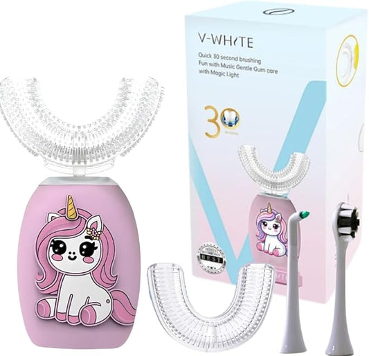 V-WHITE Electric Toothbrush Kids- Ultrasonic U-Shaped Toothbrushes for Teeth Whitening - 360° Mouth Cleansing, Hands Free Gums Protection - Wireless Charging & LED Light - Waterproof IPX7 Certified