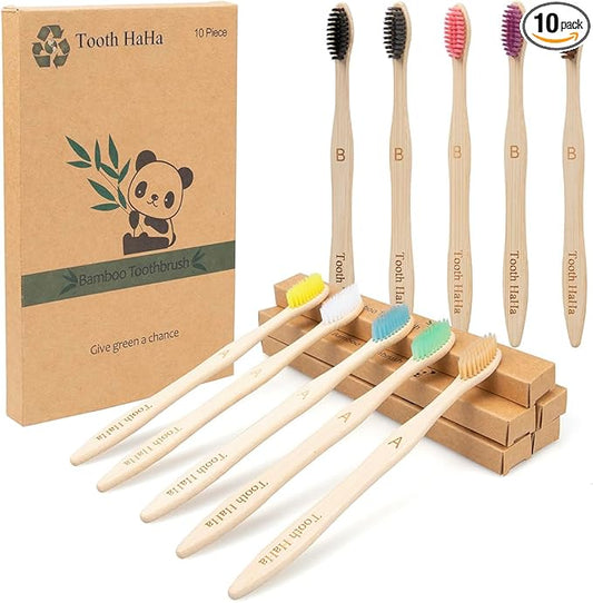 Bamboo Toothbrushes, 10 Pack BPA-Free Soft Tapered Bristles, Eco-Friendly, Natural Wooden, Green Toothbrush, Organic Toothbrushes Travel Set