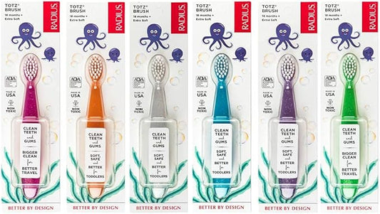 RADIUS Children's Toothbrush, Totz Brush, Extra Soft Bristles, Assorted Colors, BPA Free & ADA Accepted, Designed for Delicate Teeth & Gums for Children 18 Months & Up, Pack of 6