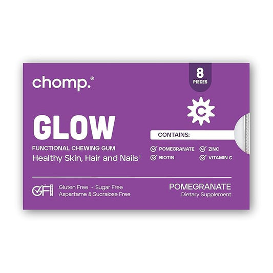 Chomp Gums - Glow - Beauty Gum (1 Pack) - Healthy Chewing Gum - Pomanox + Biotin + Zinc - Supports Healthy Skin, Hair, & Nails - Pomegranate Flavor - Gluten & Sugar Free - Aspartame & Sucralose Free